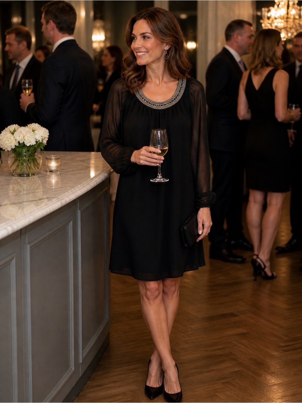 White House Black Market Black Beaded Dress Small Sheer Long Sleeve Cocktail